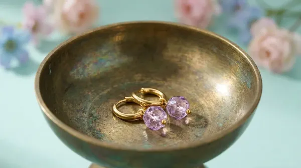 Violet Aura Edelstahl Creolen vergoldet mit violetten Perlen
